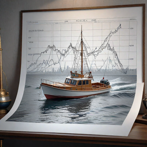 A framed print of a boat sailing on water, with a background featuring a line graph overlaid on a grid, resembling a financial or stock market chart