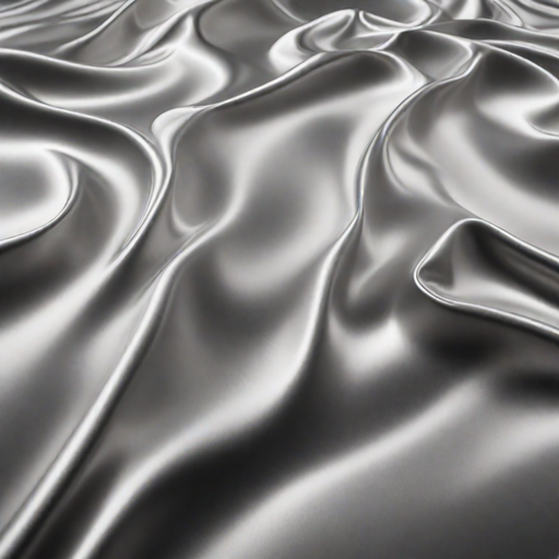 A close-up image of smooth, shiny silver fabric with soft folds and flowing curves.