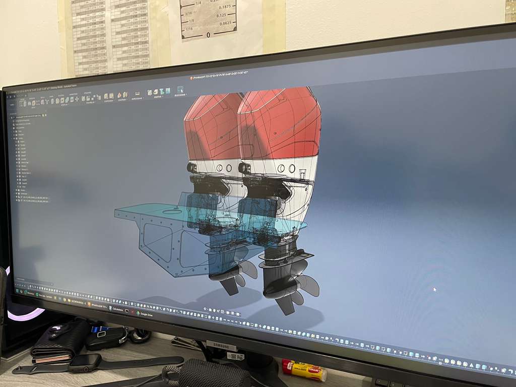 3D CAD model of custom marine outboard engine brackets being designed by Welding World Inc. in Miami, Florida.
