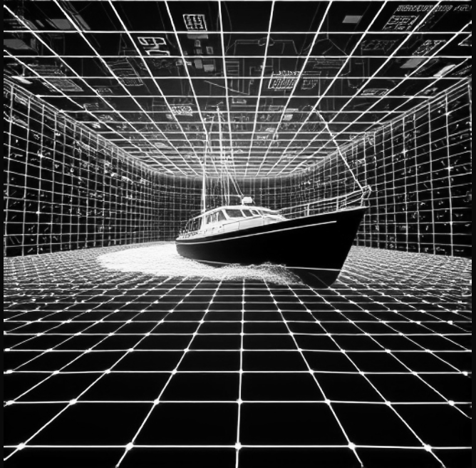 A digital, wireframe-style image of a boat inside a virtual grid environment, with a curved ceiling and grid floor, resembling a 3D computer-generated scene with glowing white lines on a black background