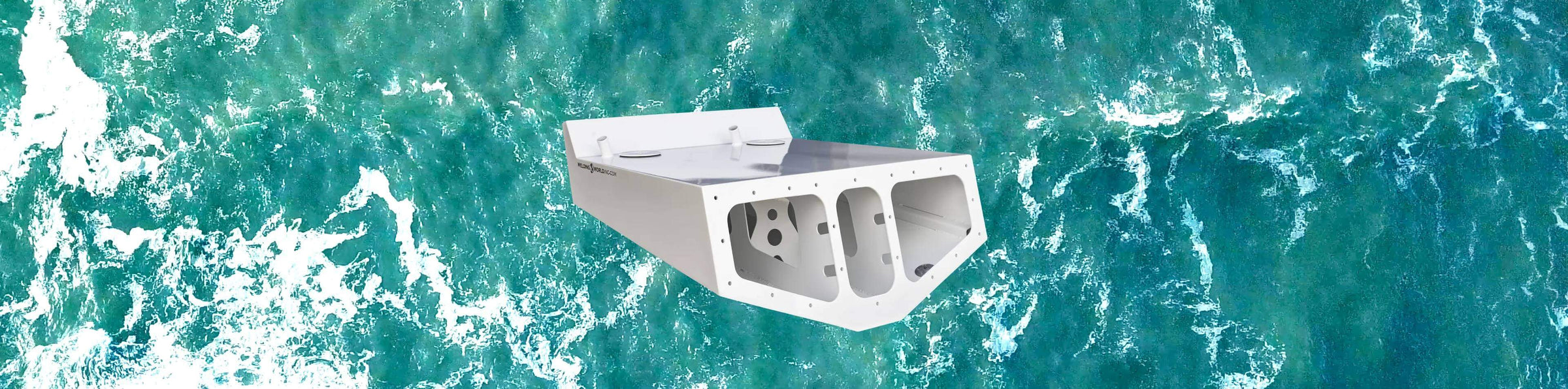 A white outboard engine bracket floating on the turquoise ocean with waves and white foam