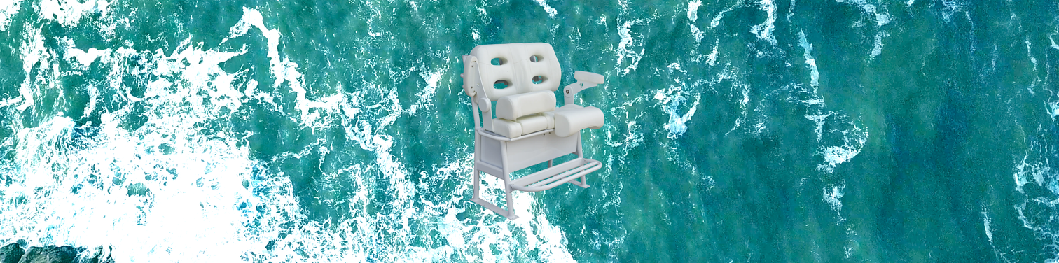 A white Llebrock leaning post with armrests and a padded seat, floating on the ocean with turquoise water and waves in the background.