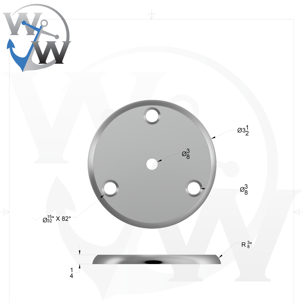 0157 1/4" Thick 3.5" OD Round Aluminum Countersunk Pad - Spec Sheet Drawing
