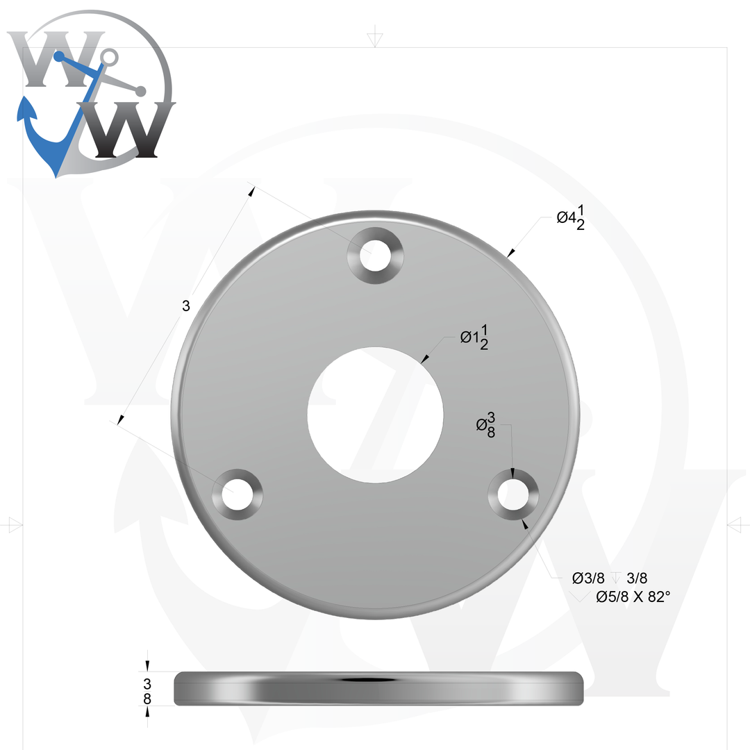 0158 3/8" Thick 4.5" OD Round Aluminum Countersunk Pad - Spec Sheet Drawing