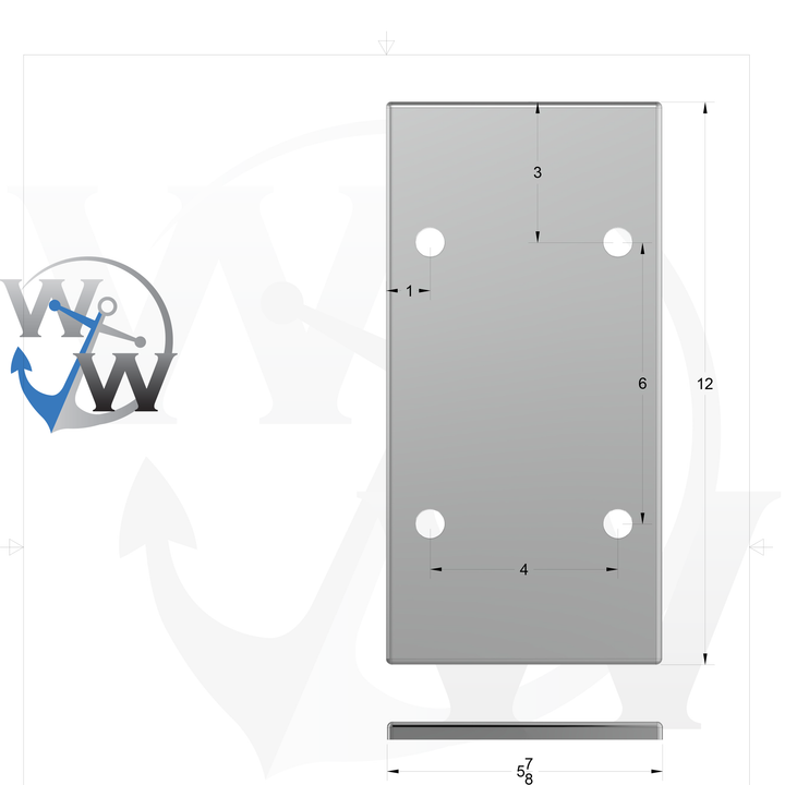 0167 3/8" 6" x 12" Rectangular Aluminum Grommet Pad - Spec Sheet Drawing