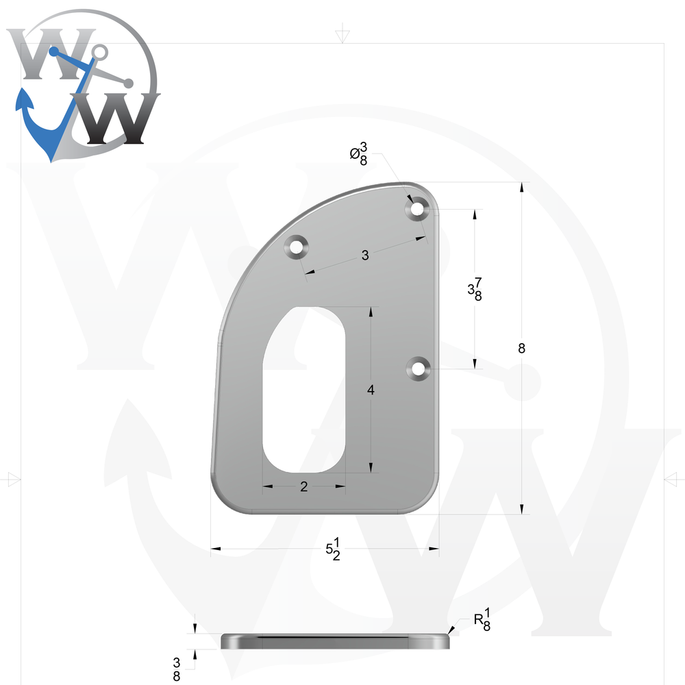 0072-L 3/8" 8" x 5.5" D-Pipe Aluminum Countersunk Pad - Spec Sheet Drawing