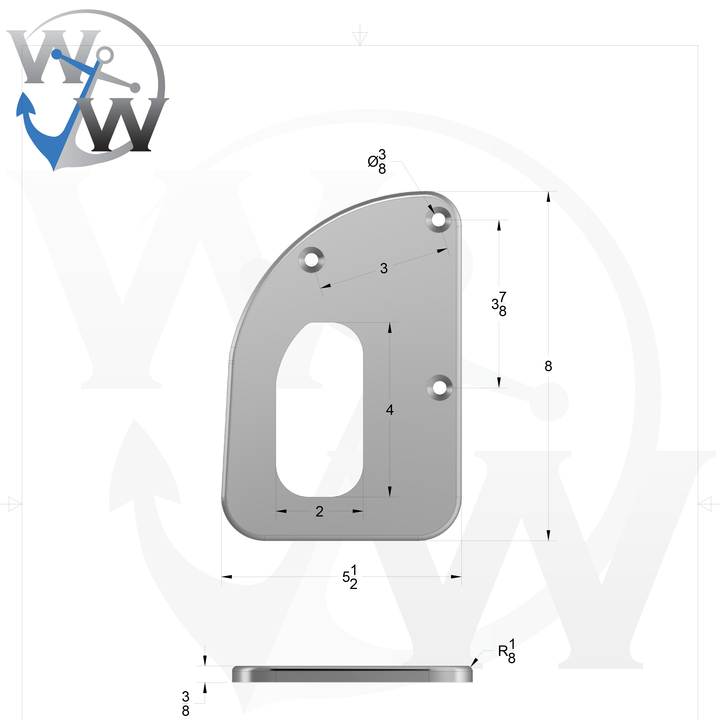 0072-L 3/8" 8" x 5.5" D-Pipe Aluminum Countersunk Pad - Spec Sheet Drawing