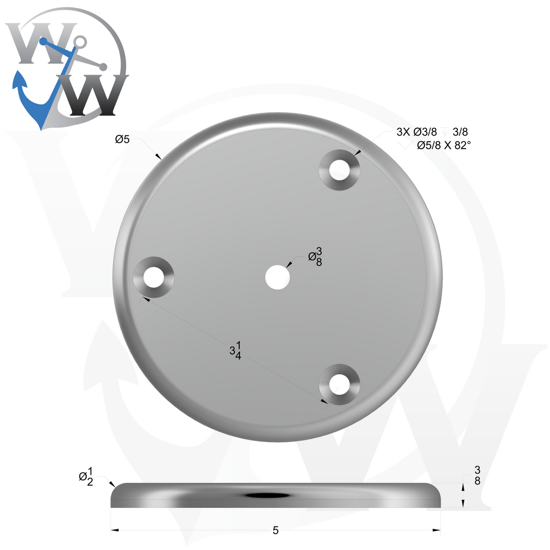 01012 3/8 inch Thick 5 inch OD Round Aluminum Countersunk Pad - Spec Sheet Drawing