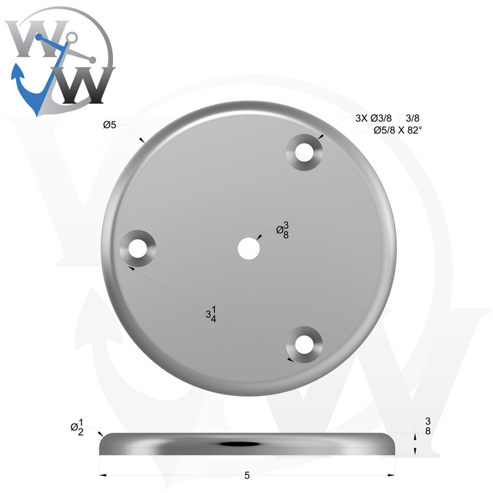 01012 3/8 inch Thick 5 inch OD Round Aluminum Countersunk Pad - Spec Sheet Drawing