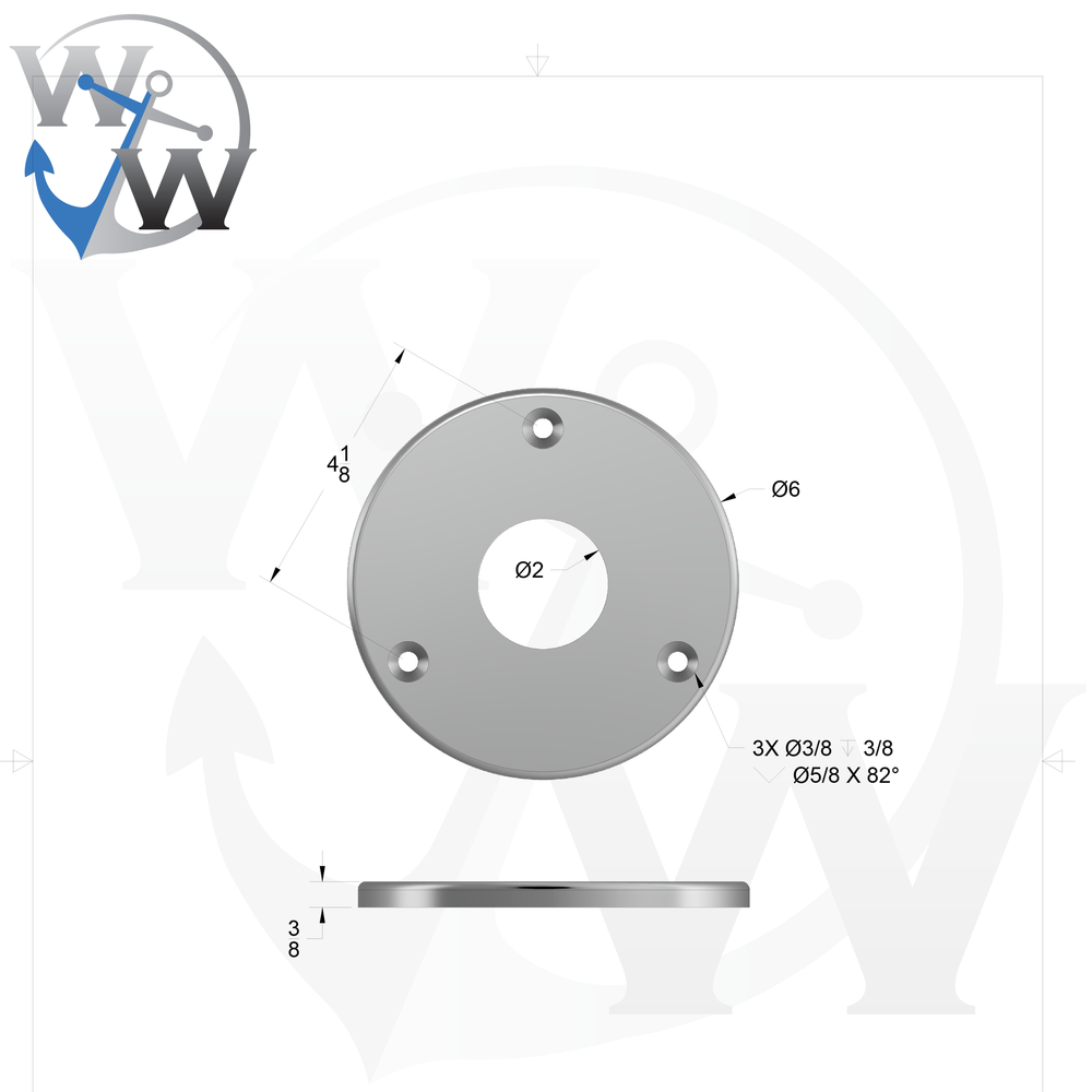 1015 3/8" Thick 6" OD Round Aluminum Countersunk Pad - Spec Sheet Drawing