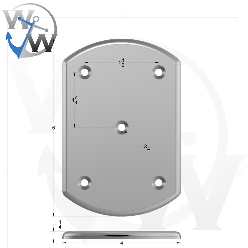 1023 1/4" Thick 6" x 4" Oblong Aluminum Countersunk Pad - Spec Sheet Drawing
