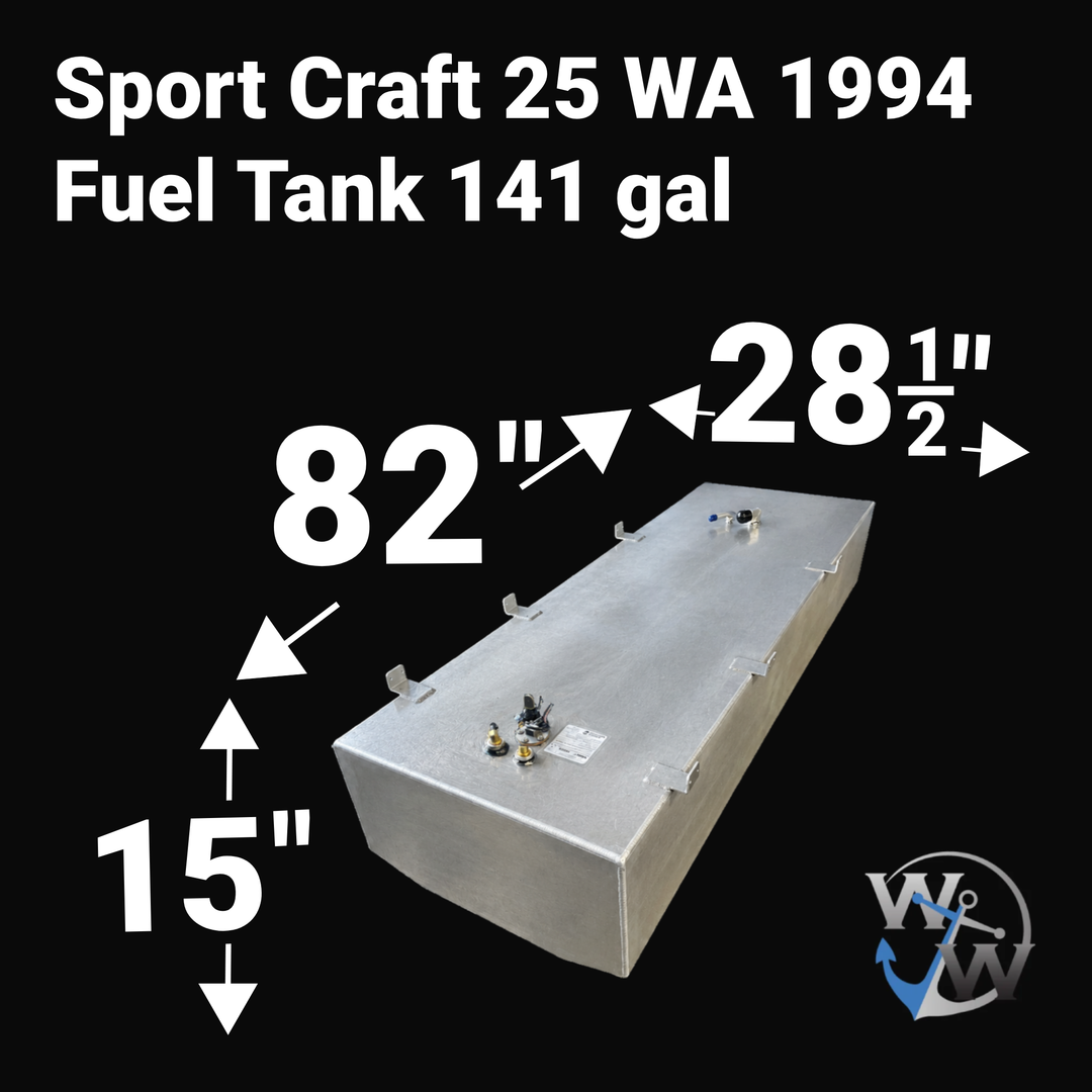 A high-angle isometric product graphic diagram of a raw aluminum Sport Craft 25 WA 1994 OEM replacement marine fuel tank from file image_99f67e.jpg, isolated against a black background. Large white bold text overlays detail the exact physical dimensions, specifying a 141-gallon capacity, a length of 82 inches, a width of 28-1/2 inches, and a height of 15 inches. The CAD rendering highlights the long rectangular tank geometry custom-engineered by Welding World to sit perfectly flush within the vessel's cente