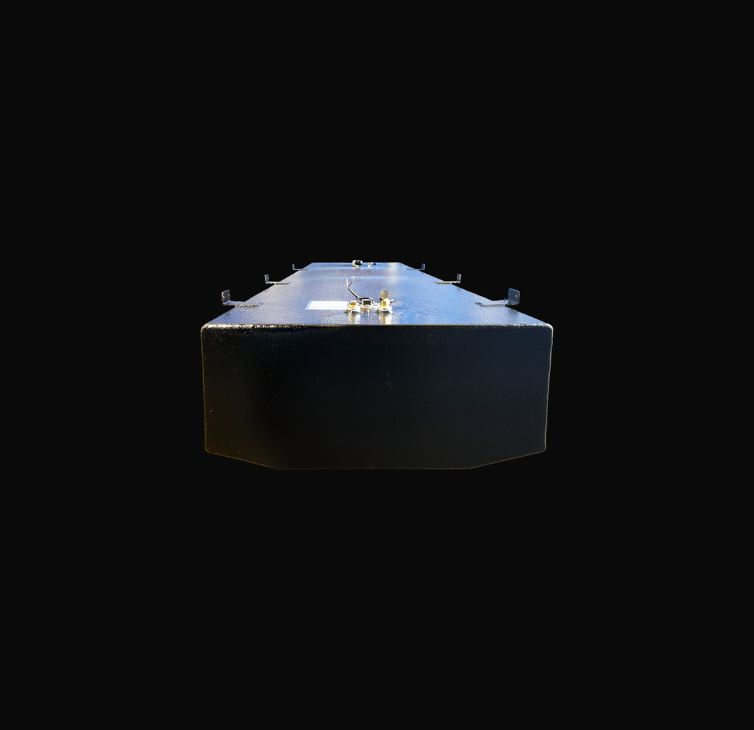 A low-angle, end-profile studio view of a physical, finished black encapsulated Sport Craft 25 WA 1994 OEM replacement marine fuel tank from file image_99f602.png, isolated against a black background. This perspective emphasizes the tank's wide cross-section and its custom-engineered bottom deadrise geometry, designed to sit perfectly flush within the vessel's center hull stringer grid. Precision-fabricated from heavy-gauge marine-grade 5052-H32 aluminum, the structural 141-gallon capacity fluid cell is ful