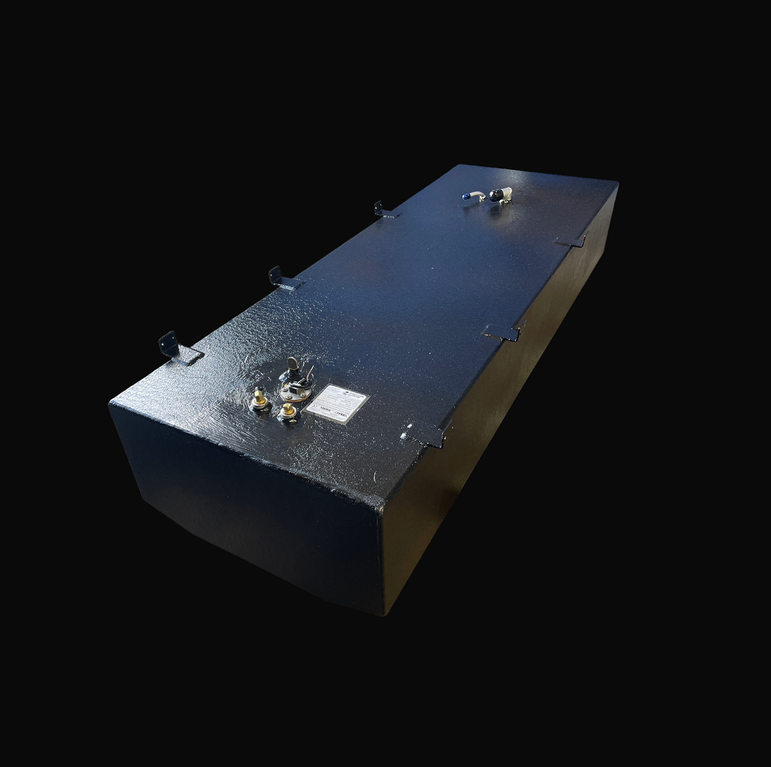 A high-angle isometric studio view of a physical, finished black encapsulated Sport Craft 25 WA 1994 OEM replacement marine fuel tank from file image_99ef3b.jpg, isolated against a black background. This dimensional view showcases the tank's long rectangular profile and highlights its specialized bottom geometry, custom-engineered to sit flush within the vessel's hull stringer grid. Precision-fabricated from heavy-gauge marine-grade 5052-H32 aluminum, the structural 141-gallon capacity fuel cell is fully en
