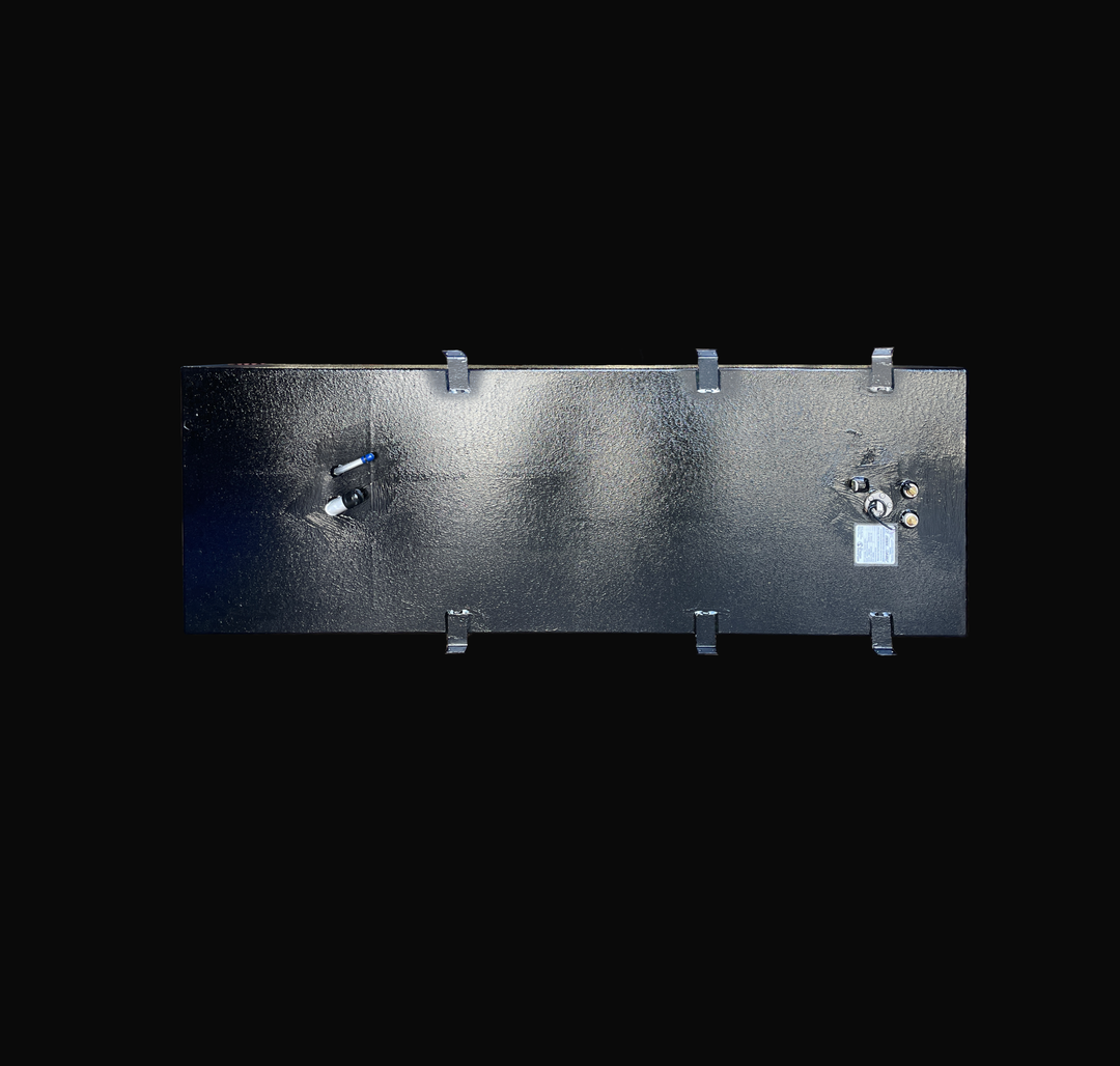 A top-down bird's-eye perspective studio view of a physical, finished black encapsulated Sport Craft 25 WA 1994 OEM replacement marine fuel tank from file image_9a04e8.jpg, isolated against a black background. This flat overhead view highlights the rectangular layout and the thick, textured, anti-corrosive black TarGard epoxy coating applied over the heavy-gauge marine-grade 5052-H32 aluminum tank body to safeguard the assembly against saltwater pitting and bilge cavity moisture. Visible along the long edge