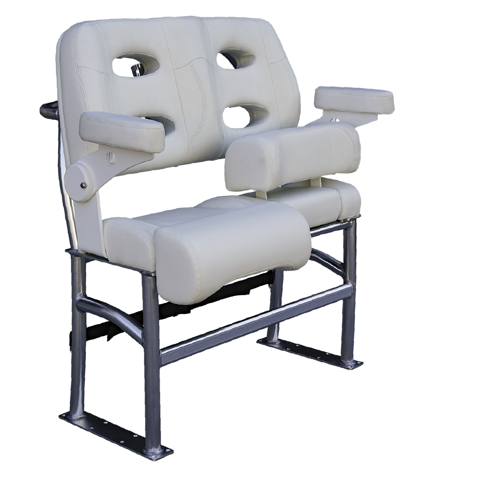 A two-seater boat bench with a light gray vinyl upholstery and a sturdy metal frame. The bench features two armrests and has a height of 47 inches, an overall width of 38 inches, and a depth of 24 inches. The maximum cooler width that can fit underneath is 5 inches less than the overall width