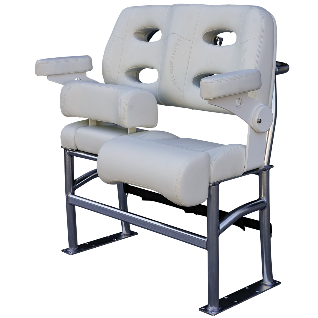 A white, padded seating chair with two armrests and multiple cut-out holes in the backrest, supported by a sturdy metal frame. The chair is designed for comfort and functionality, suitable for long-haul use.