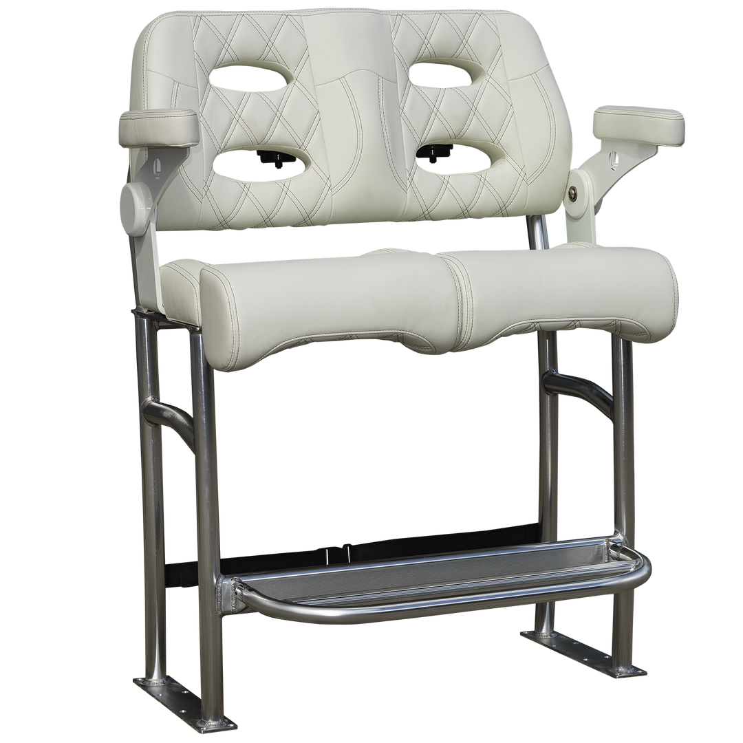 A 38-inch Stinger-R Spec Long Haul Fixie seat featuring a sleek design with a white quilted upholstery, two cut-out handles, and a sturdy metal frame with a footrest