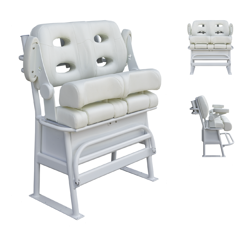 A white, cushioned boat seat designed for comfort and durability, featuring a high backrest and armrests. The seat measures 38 inches in width, 47 inches in height, and 18 inches in depth. It has an overall width of 43.25 inches, a front-to-back depth of 28.5 inches, and each side handle measures 2.75 inches in width. The seat is mounted on a sturdy frame, suitable for long-haul use