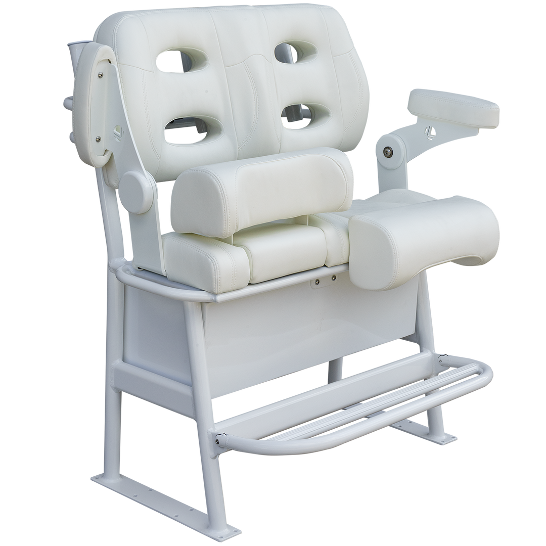 A white, cushioned fishing chair with multiple support pads, armrests, and a sturdy metal frame, designed for comfort and stability during long fishing trips