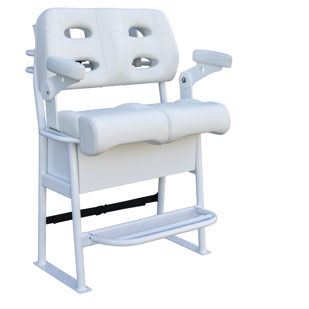 A white two-person fishing seat with armrests, designed for mounting on a boat. The seat features a padded backrest and seat cushion, with dimensions labeled: overall width of 38 inches, height of 54 inches, and depth of 34 inches. The maximum cooler width is indicated as 5 inches less than the overall width. The background is transparent