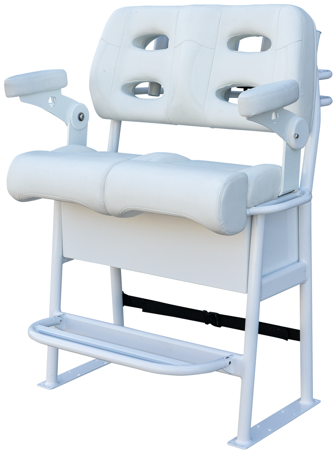 A white 38-inch Super Stinger Long Haul Fixie Mk. II seat featuring a padded backrest and armrests, designed for comfort and support. The seat is mounted on a sturdy metal frame with a footrest, all in a clean white finish