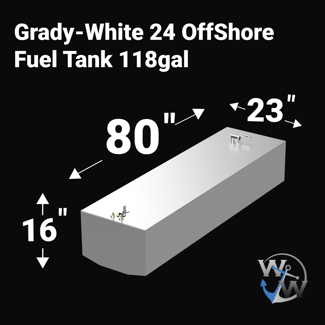A 3D render of a boat fuel tank against a black background, labeled "Grady-White 24 OffShore Fuel Tank 118gal". Arrows indicate the tank's dimensions: 16 inches high, 80 inches long, and 23 inches wide. A blue "WW" logo is in the bottom right corner.