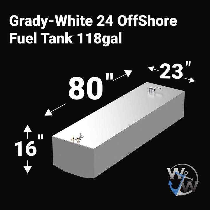 A 3D render of a boat fuel tank against a black background, labeled "Grady-White 24 OffShore Fuel Tank 118gal". Arrows indicate the tank's dimensions: 16 inches high, 80 inches long, and 23 inches wide. A blue "WW" logo is in the bottom right corner.