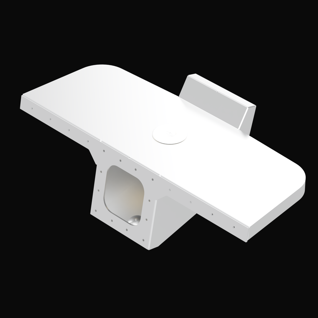 A white Apex single engine 16° transom bracket, featuring a flat surface with rounded edges, a circular cutout in the center, and a vertical support at the back. The bracket is designed for mounting a single engine on a boat