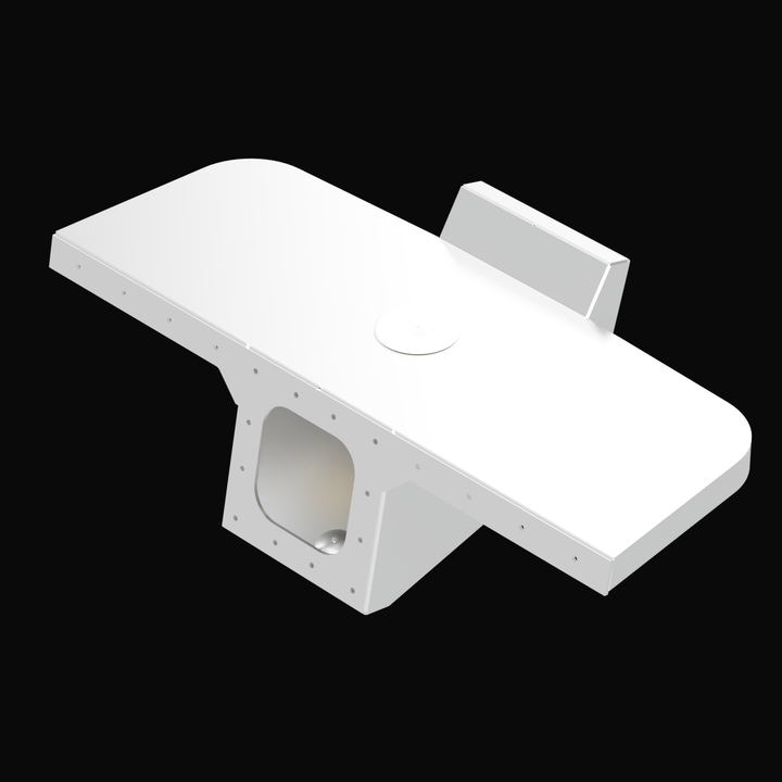 A white Apex single engine 16° transom bracket, featuring a flat surface with rounded edges, a circular cutout in the center, and a vertical support at the back. The bracket is designed for mounting a single engine on a boat