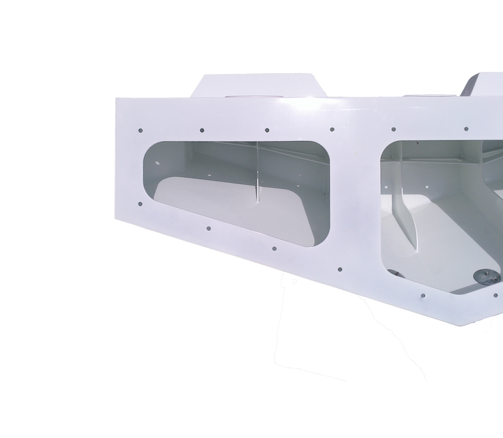 Close-up view of a 1992 Scarab Sportster high flotation single engine bracket, featuring a sleek white design with multiple cutouts and a smooth surface