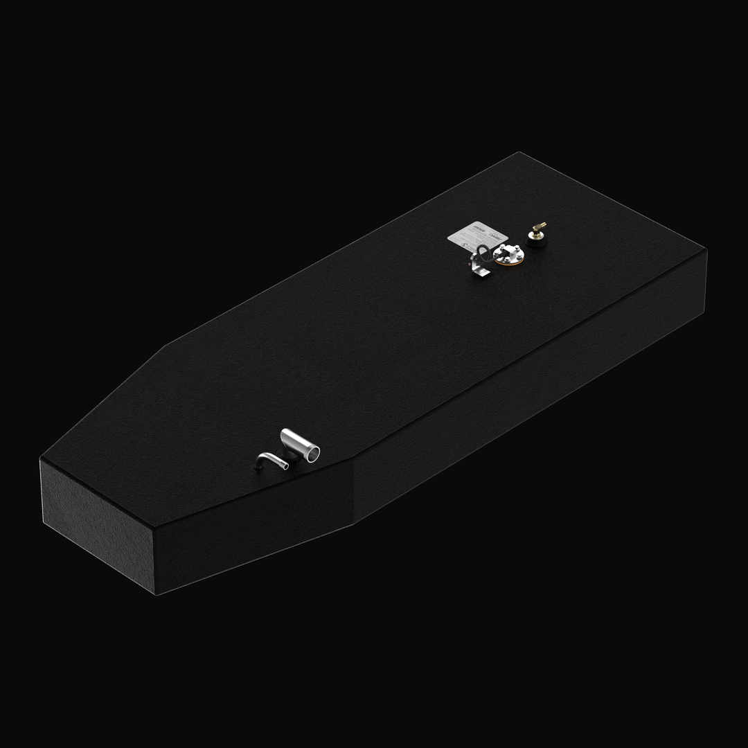 Side-profile dimensional diagram of a 33-gallon OEM replacement fuel tank for an Angler 17, showing a 12.5-inch height specification, .190-inch aluminum wall thickness, and specialized top-mounted fuel pickup and vent ports.