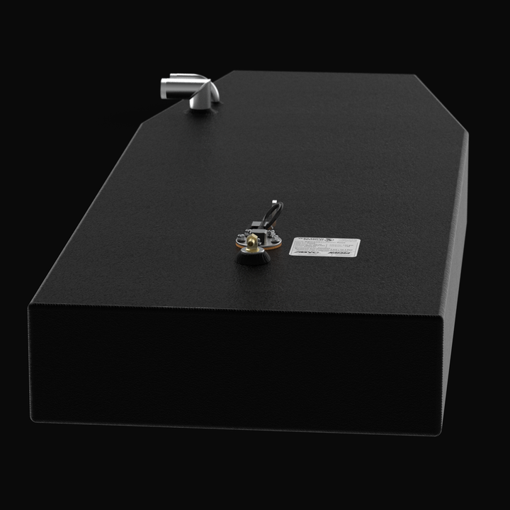 Detailed engineering layout of an Angler 17 replacement fuel tank, showing the top-down positioning of the fuel fill, vent, and pickup ports, alongside the fuel sender unit on a heavy-duty marine-grade aluminum body.