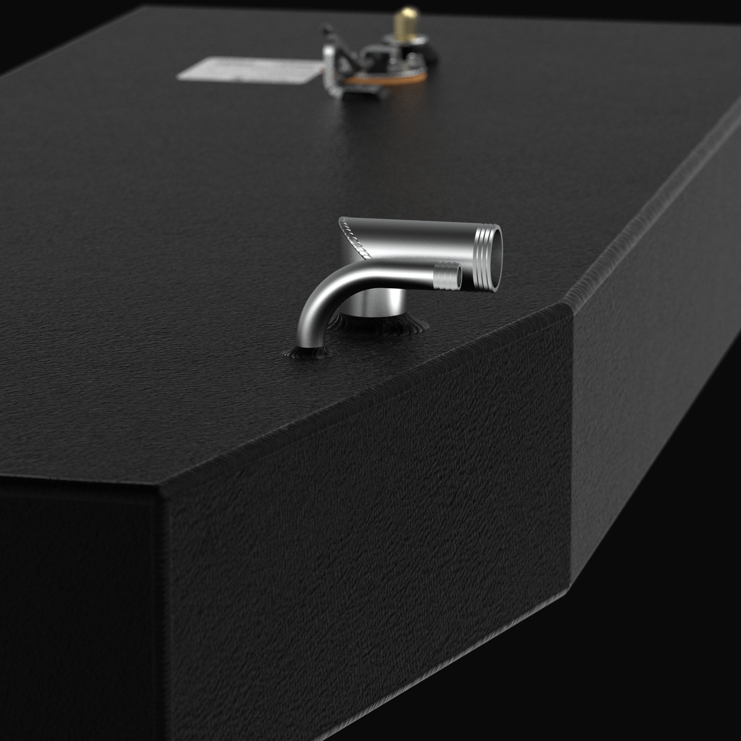 End-view dimensional diagram of a 33-gallon OEM replacement fuel tank for an Angler 17, showing the 18.25" width, 12.5" total height, and the 1.5" fuel fill and 0.625" vent port locations on a heavy-duty .190 aluminum body.