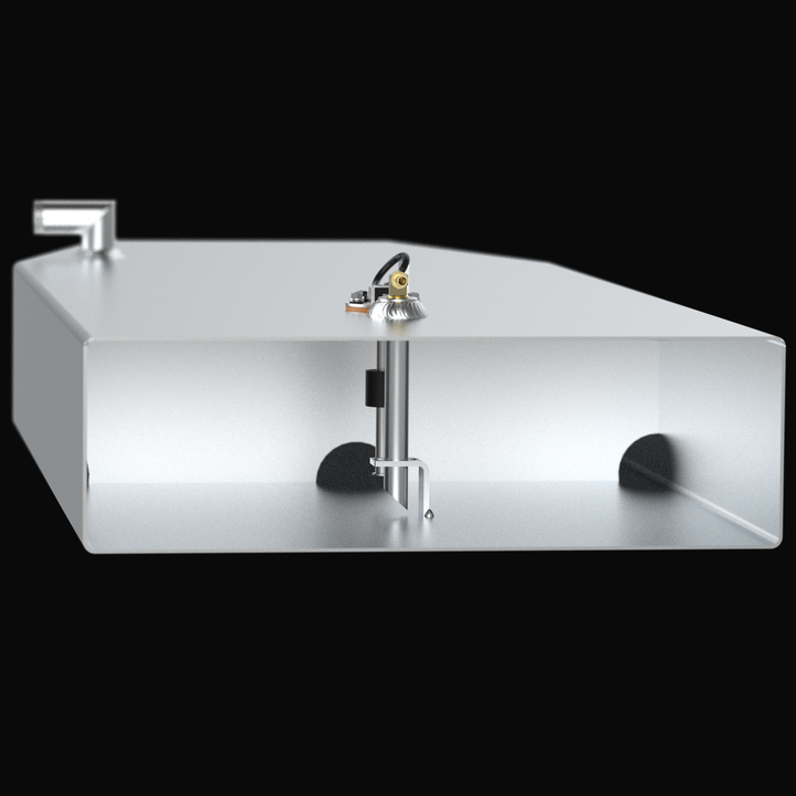 Dimensional engineering diagram of a 33-gallon OEM replacement fuel tank for an Angler 17, showing technical specifications including 36.5" length, 18.25" width, and 12.5" height with a protective coal-tar epoxy finish.