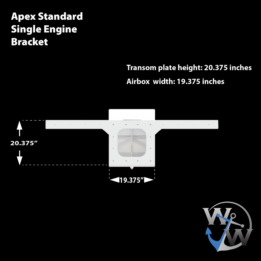 Standard Apex Single Engine 16° Transom Bracket
.....make this into a alt textDiagram of the Apex Standard Single Engine Bracket, featuring a transom plate height of 20.375 inches and an airbox width of 19.375 inches. The bracket is shown in a simplified white silhouette against a black background, with measurement indicators for clarity