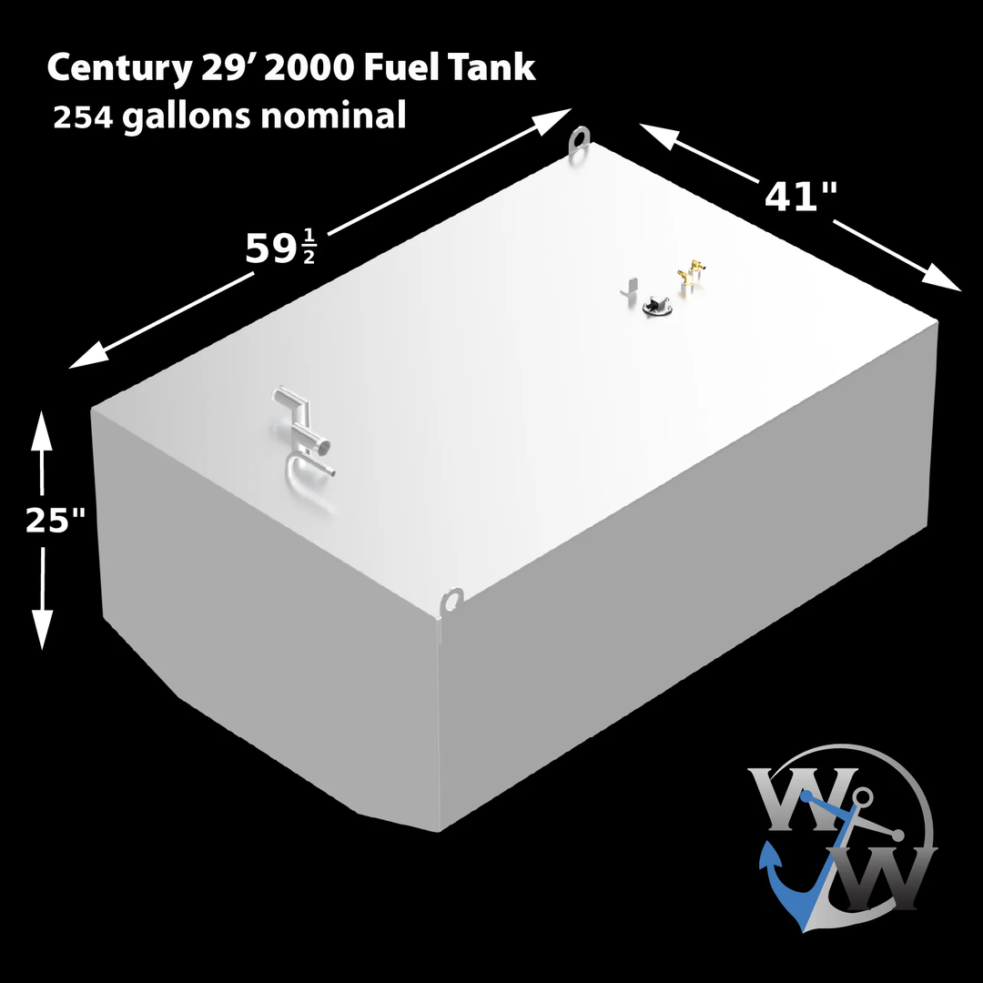 A 3D rendering of a light-grey fuel tank for a Century 29' 2000 model, with a nominal capacity of 254 gallons. The tank is rectangular with beveled lower corners and features dimensions of 59.5 inches in length, 41 inches in width, and 25 inches in height. Various metallic fittings, including a silver L-shaped pipe, a circular component, brass-colored valves, and four silver U-shaped loops, are visible on its top surface