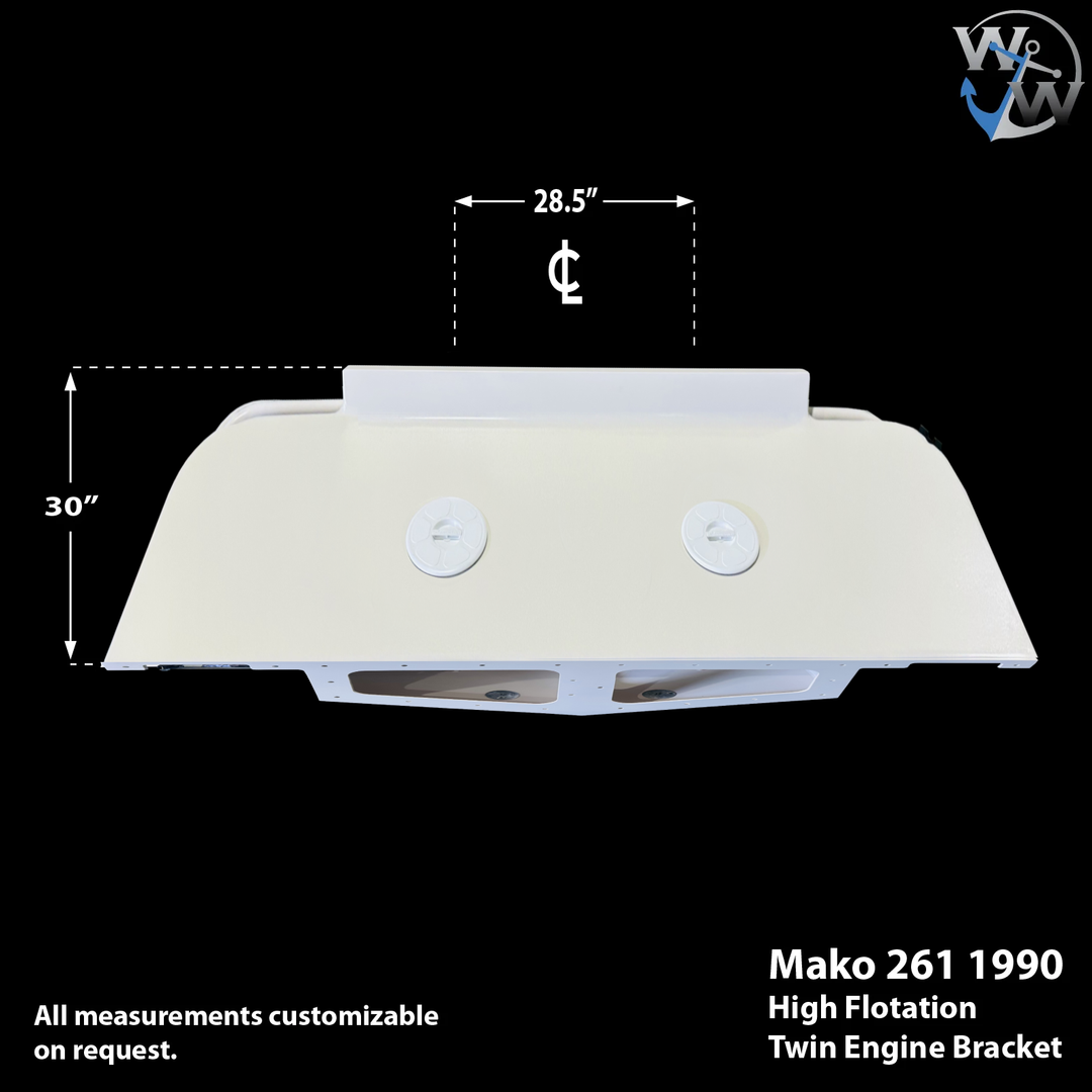 A technical illustration of a Mako 261 1990 high flotation twin engine bracket, showing dimensions: 86 inches wide, 30 inches tall, and 52 inches deep. The drawing includes annotations indicating that all measurements are customizable upon request, with a note at the bottom left. The background is black, and the illustration is in white with measurement lines