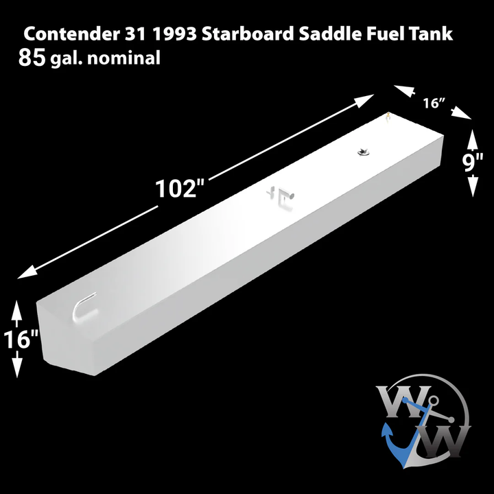 A 3D schematic of a starboard-side saddle fuel tank for a 1993 Contender 31, shown against a black background. Text on the image identifies the tank as having an 85-gallon nominal capacity. Dimension lines detail the long, narrow, rectangular tank's measurements as 102 inches long, 16 inches wide, and 16 inches high. The silver-colored schematic displays several fittings on its top surface. The 'WW' anchor logo for Welding World is in the bottom right corner