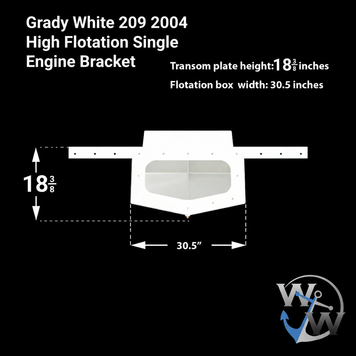 Diagram of a Grady White 209 2004 High Flotation Single engine bracket, featuring dimensions: transom plate height of 18 3/8 inches, flotation box width of 30.5 inches, and an airbox total volume of 54 gallons
