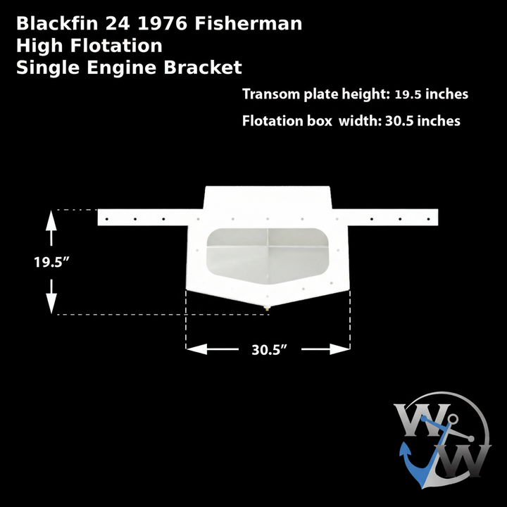 Alt text: Diagram of a Blackfin 24 1976 Fisherman High Flotation Single Engine Bracket, featuring dimensions: transom plate height of 19.5 inches, flotation box width of 30.5 inches, and an airbox total volume of 54 gallons