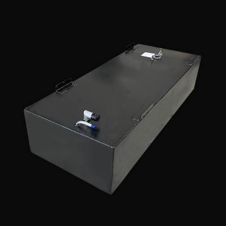 A photo of a long, rectangular, dark-colored boat fuel tank with a textured finish, shown at an angle. The tank features a fuel sending unit, various fittings, and black mounting tabs on its top surface, against a black background.