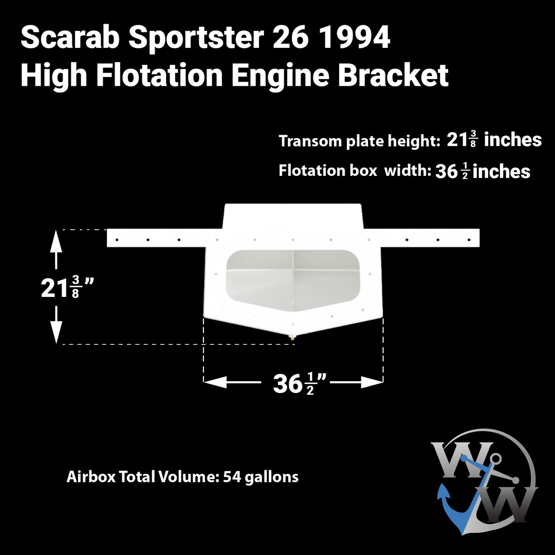 "A technical dimension diagram for a white Scarab Sportster 26 1994 High Flotation Engine Bracket on a black background. The front-view graphic shows a transom plate height of $21 \frac{3}{8}$ inches and a flotation box width of $36 \frac{1}{2}$ inches. Below the bracket, the text specifies an 'Airbox Total Volume: 54 gallons'. The Welding World Inc. anchor logo is positioned in the bottom right corner."
