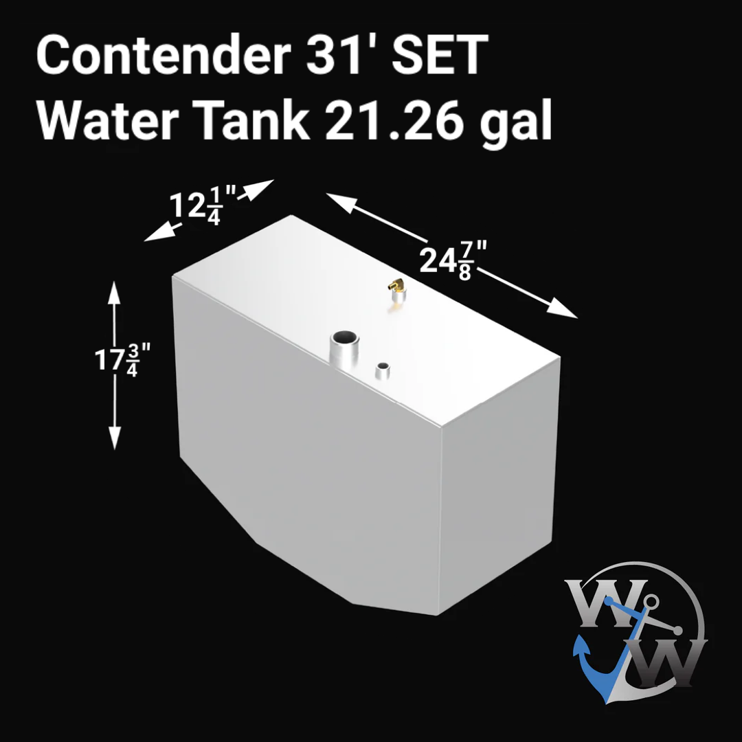 Contender 31' OEM Replacement Fuel Tank Combo Kit featuring one large belly tank with a capacity of 128 gallons, two standard saddle tanks each with a capacity of 85 gallons, and one water tank with a capacity of 21.26 gallons. The image shows the dimensions of the water tank: 12.25 inches in height, 17.75 inches in width, and 24.875 inches in length
