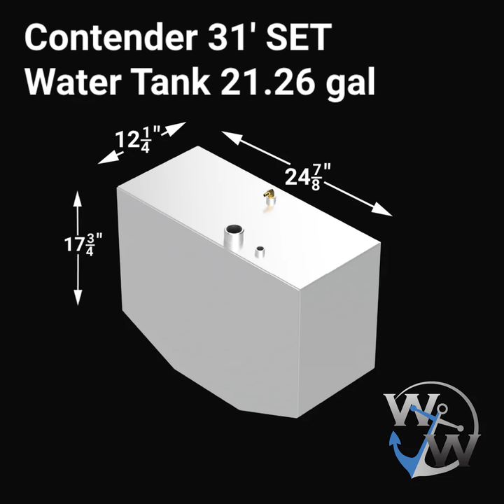 Contender 31' OEM Replacement Fuel Tank Combo Kit featuring one large belly tank with a capacity of 128 gallons, two standard saddle tanks each with a capacity of 85 gallons, and one water tank with a capacity of 21.26 gallons. The image shows the dimensions of the water tank: 12.25 inches in height, 17.75 inches in width, and 24.875 inches in length