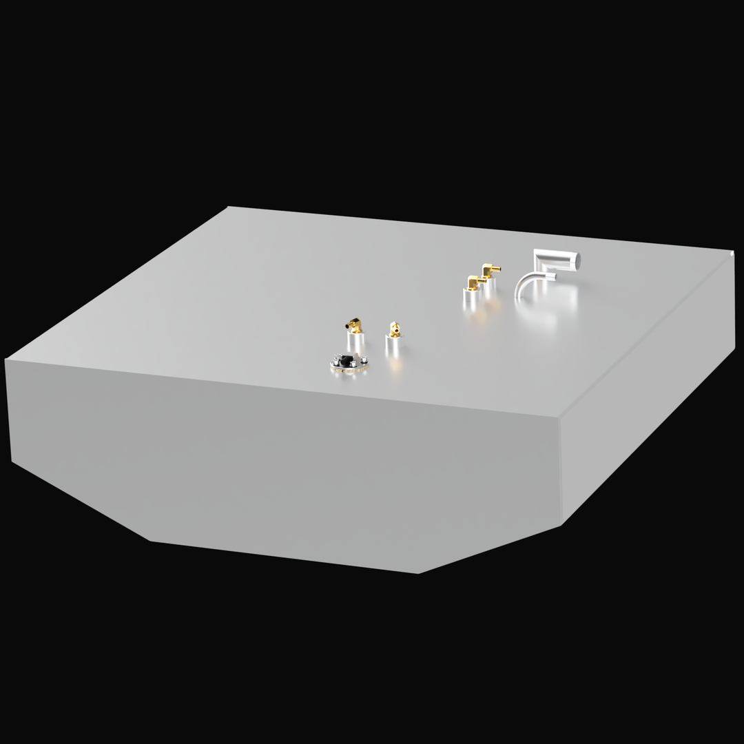 A 3D render of a large, grey,Bertram 25 faceted boat fuel tank with multiple brass and silver-colored fittings on the top surface, isolated against a black background.