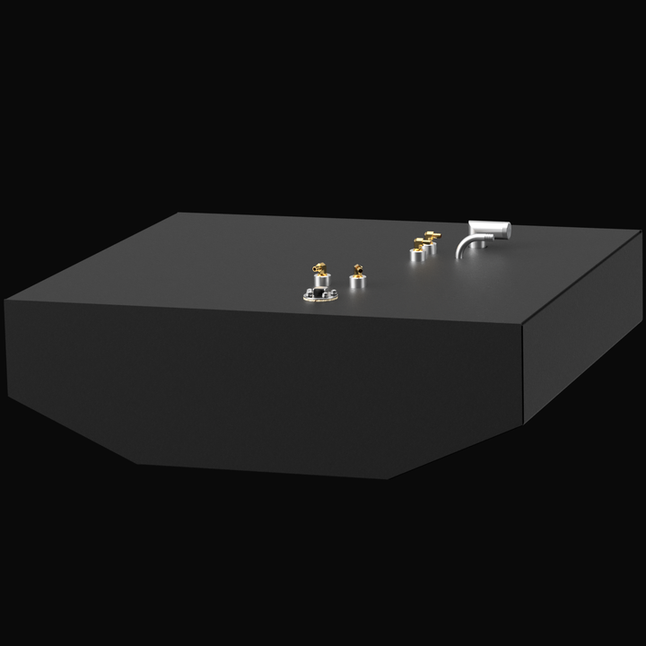 A 3D render showing an angled side view of a dark grey boat fuel tank with brass and silver-colored fittings on its top surface, against a black background.