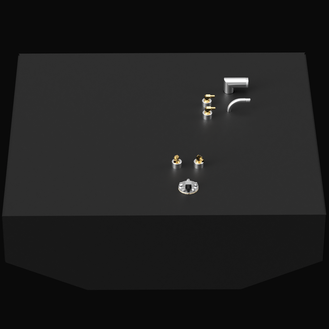 A top-down 3D render of a Bertram 25 80-gallon fuel tank, shown in dark grey with various brass and silver fittings on its top surface.