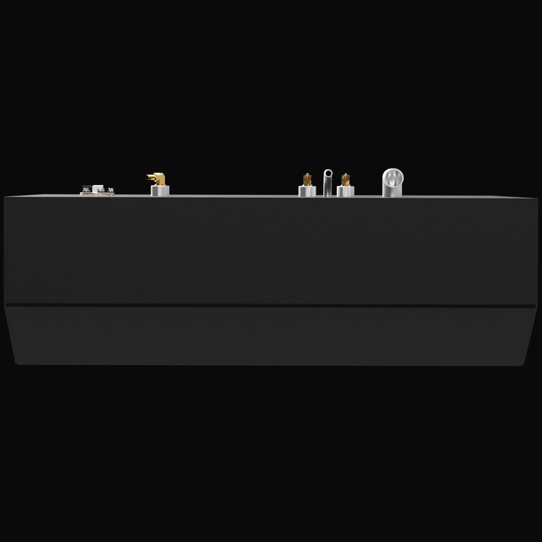 A 3D render showing a side profile of a dark grey boat fuel tank, with multiple brass and silver-colored fittings visible on the top surface, against a black background.