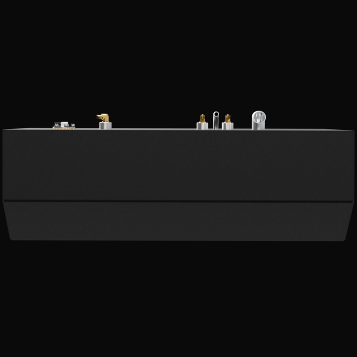 A 3D render showing a side profile of a dark grey boat fuel tank, with multiple brass and silver-colored fittings visible on the top surface, against a black background.